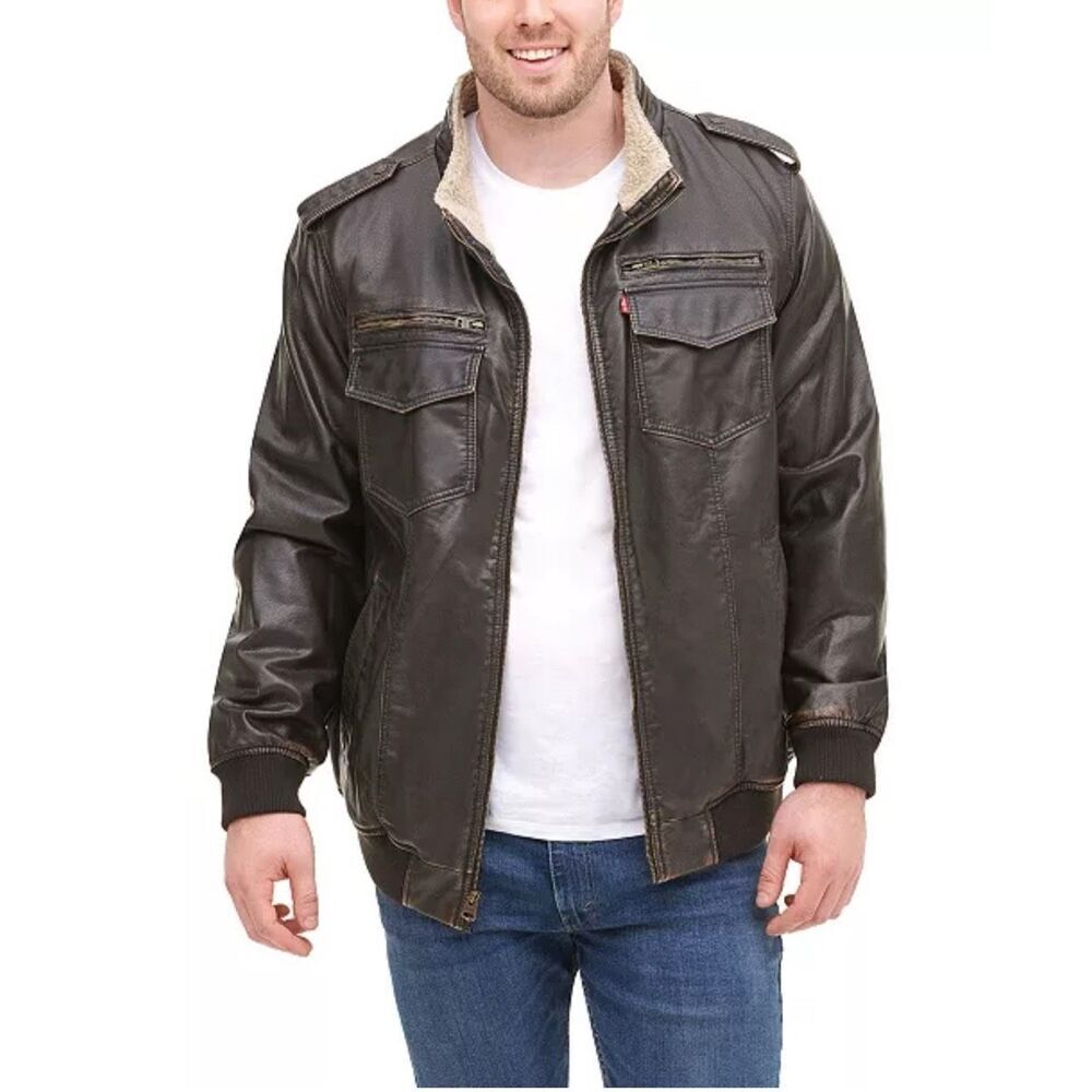 Levi's Men’s Sherpa Lined Faux Leather Aviator Bomber Jacket Large Brown